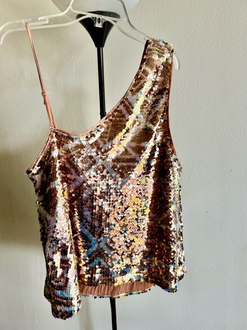 Free People Iridescent Sequin One-Shoulder Cami - Rose Gold